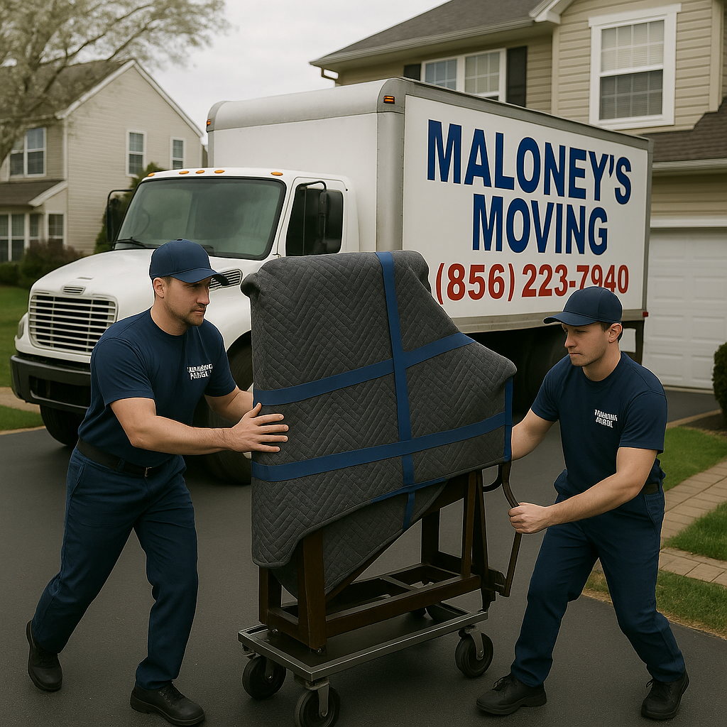 Maloney's Moving team carefully moving an upright piano