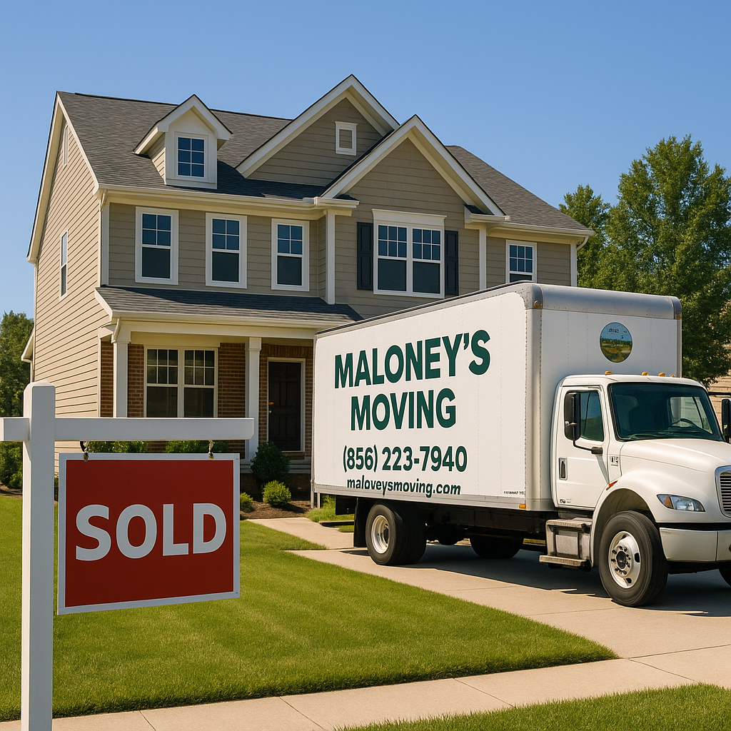 Maloney's Moving truck at residential property with sold sign in South Jersey